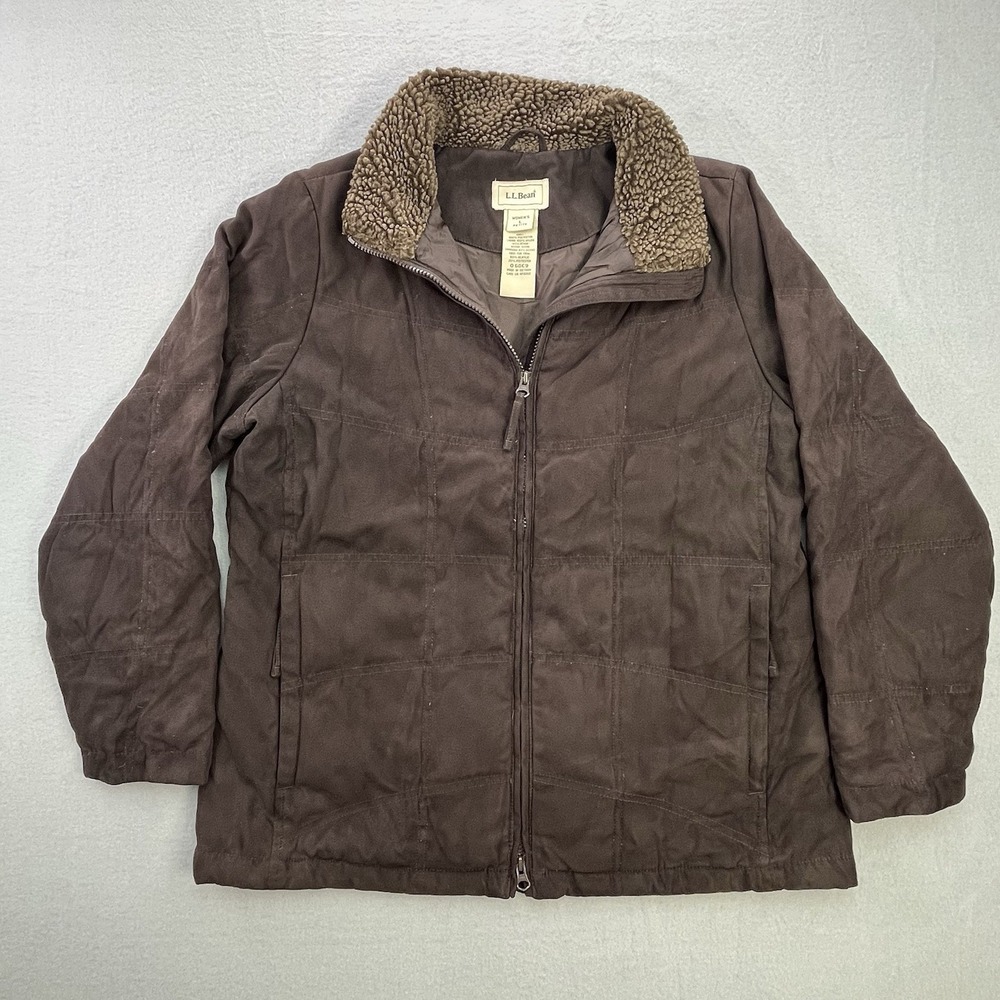 LL Bean Goose Down Jacket Womens Large Petite Brown Faux Suede Button Up Puffer
